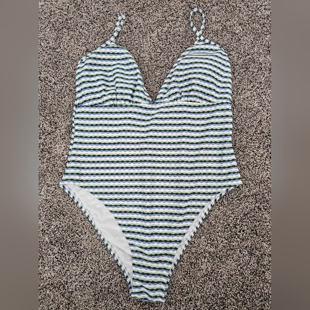New, Shade & Shore Blue/Green/White One Piece Swimsuit with Nautical Stripes.